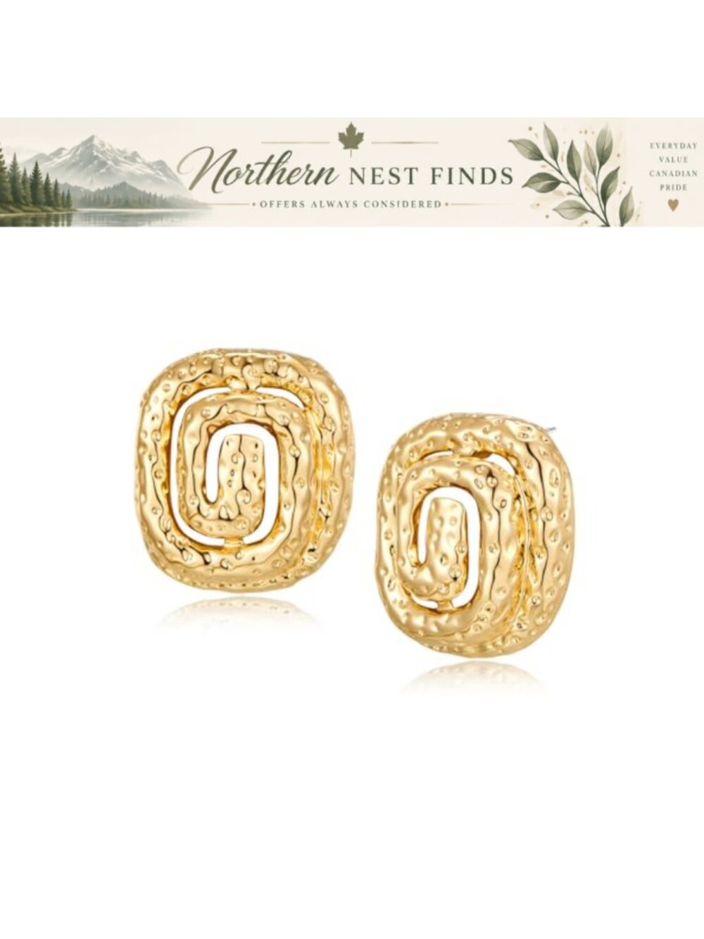 Gold Plated Chunky Stud Earrings Spiral Square Vintage Style Women Jewelry Gift